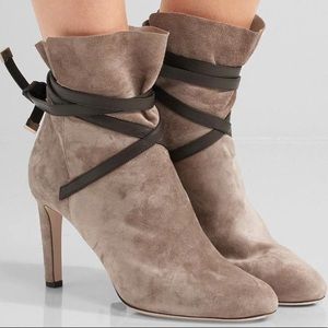 JIMMY CHOO Dalal Light Mocha Suede Ankle Booties Heeled Strappy Taupe 38
